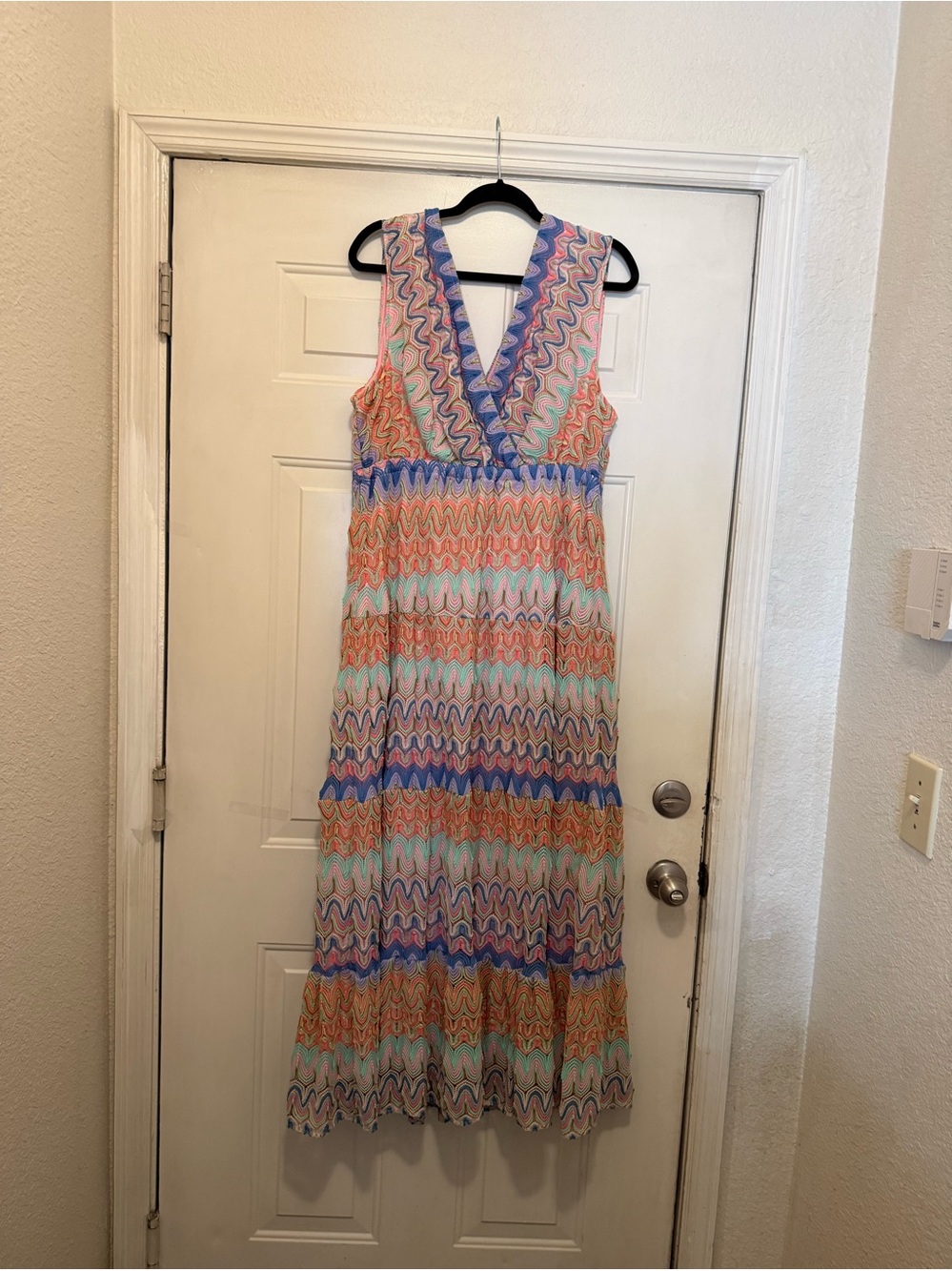 Boston Proper Multicolor Wave-Print V-Neck Maxi Dress — Blue, Orange, Pink, Mint